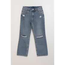 Kadın Yüksek Bel Wide Leg Yırtık Detaylı Buz Mavisi Jean Pantolon Mavi