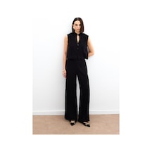 Sateen Yüksek Bel Keten Pantolon - Siyah-136160 Siyah