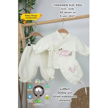Gros Shop Müslin Yeni Doğan 4katlı Organik %100pamuk Kişiye Özgü Nakışlı Hastane Çıkış Seti Güllü Model-2 Ekru-2