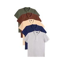 Tudors Erkek 5'li Paket Kahverengi-haki-krem-lacivert-bordo-gri Slim Fit Dar Kesim Pamuklu Düz Pike Polo Yaka Tişört-52160 Çok Renkli