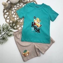 Pekminibebe 1-2-3 Yaş Kaykaycı Ayı Baskılı Şortlu Kısa Kollu Tişört 2li Erkek Bebek Takımı Turkuaz
