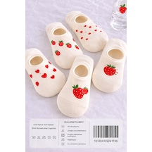 Hitit Socks Kadın5 Çift Çilek Ve Kalp Desenli Yüksek Pamuklu Görünmez Babet Çorap Beyaz