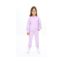 Toontoy Kids Toontoy Kız Çocuk 2'li Takım Baskılı Bisiklet Yaka Kolu Büzgülü Sweatshirt & Beli Paçası Lastikli Cepli Jogger Eşofman Altı - 2 İplik Lila