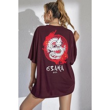 Millionaire Osaka Dragon Japonca Baskılı Oversize Salaş Kadın T-Shirt Bordo