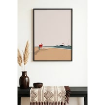 Doğal Ahşap Çerçeveli Minimal Plaj Manzarası Tablo - Pastel Tonlar Huhu1335
