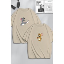 Unisex Kadın Erkek Tom Ve Jerry Çay Baskılı Sevgili Çift Kombini Tasarım Oversize Tshirt 2li Bej Mck0479 Bej