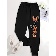 Butterflys Baskılı Eşofman Altı Jogger - Baskılı Lastik Paça Yüksek Bel Siyah