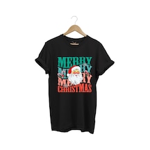 Unisex Yeni Yıl Yılbaşı Noel Baba Merry Christmas Baskılı Şirin Hediye Pamuklu Regular Fit T-shirt Siyah