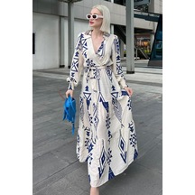 Madmext Beyaz Desenli Kruvaze Yaka Uzun Kadın Elbise Mg2052-beyaz