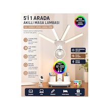 Multifonksiyonel 4 Başlıklı 3 Renk Ve Ton Ayarlı Masa Lambası Kalemlik Saat Takvim Sıcaklık Göstergesi Rgb Led Işıklı 3 Hız Kademeli Vantilatör Fan Telefon Tutucu