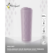 Png-1167 500ml Flip Kapak Desenli Çelik Mug 6 Saat Sıcak 12 Saat Soğuk Sızdırmaz & Bpa Free Mor