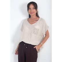 By Saygı Kadın İtalyan Cotton V Yaka Örgü Dantel Tek Cepli Oversize Keten Bluz Bej