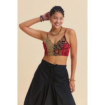 İnce Askılı Düğme Detaylı Crop Bluz Desenli