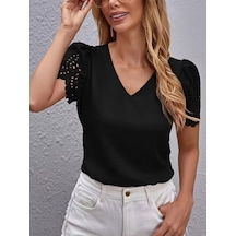 Veraura Lifestyle Kadın Kısa Kollu V Yakalı Kolu Dantelli Dubai Bluz siyah