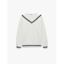 Koton Üç İplik Şardonlu V Yaka Biyeli Atlet Detaylı Uzun Kollu Sweatshirt Ekru 7wal10079ık
