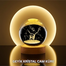 Doğal Ahşap Standlı Geyik Figürlü Kristal Küre Led Dekoratif Lamba -