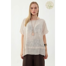 Vitrin %100 Keten Çiçekli Oversize Bluz Bej