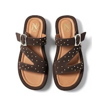 Ne&ve Shoes Kahve Süet Hakiki Deri Pimli Çapraz Bantlı Kadın Kalın Kaplama Tabanlı Sandalet Terlik Kahverengi