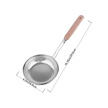Ahşap Saplı Uzun Kulplu Çelik Kevgir Paslanmaz Metal Süzgeç, Derin Gövdeli, Ergonomik Tasarım, Isıya Dayanıklı, Mutfak Gereci 14 Cm Krom