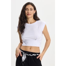 Tudors Kadın Slim Fit %100 Pamuk Pileli Yumuşak Doku Beyaz Bisiklet Yaka Crop Bluz-50392