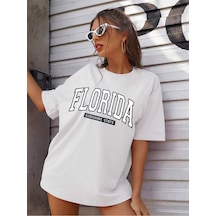 Kadın Florida Renkli Özel Baskılı Renkli Oversize Bisiklet Yaka Penye T-shirt Beyaz