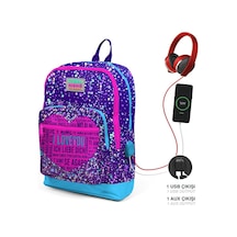 Coral High Kids Mor Mavi Pembe Kalp Desenli Dört Bölmeli Usb'li Okul Sırt Çantası 23840