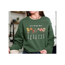Herkesemoda Sıralı Çiçekler Baskılı 2 İplik Şardonlu Bisiklet Yaka Sweatshirt Yeşil
