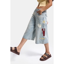 Itsbasic Kadın Kot Rengi 4s6-32 Palazzo Nakış Tasarım Bermuda Denim Jort
