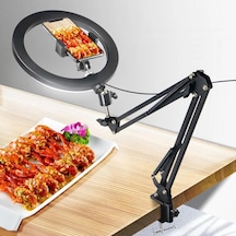 Kıskaçlı 10 İnch Youtuber Led Işıklı Halka Telefon Tutuculu Yüksekliği Ve Açısı Ayarlanabilir 10 İnch 26 Cm Selfie Yayıncı Makyaj Işığı Masa Kenarına Monte Edilebilir Hlk-012a Açık Gri