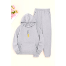 Unisex Gri Danger Baskılı Eşofman Kapüşon- Kışlık Şardonlu Kumaş Gri
