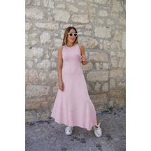 Dogutrend Kadın Arkadan Çapraz Detay Yuvarlak Yaka Maksi Viskon Elbise Pembe