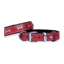 Doggie Konforlu Deri El Yapımı Kemik Süslü Köpek Boyun Tasması 3 x 42-50 CM Kırmızı