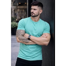 Erkek Body Tişört Bisiklet Yaka Slim Fit Likralı T-shirt - Turkuvaz Turkuaz