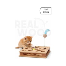 Ahşap Kare Kedi Oyuncağı - 30cm X 30cm - Çıngıraklı Toplu - Yaylı Top Eklenmiştir