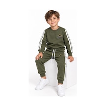 Rony Pony Kids Erkek Çocuk Haki 2 İplik Eşofman Takımı Bisiklet Yaka Şerit Detaylı Nakışlı Alt Üst Takım