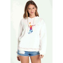 Watercolor Badminton Baskılı Kadın Kapüşonlu Beyaz Sweatshirt