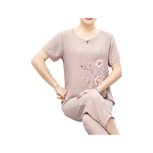 Haki Trendy Kadın Üst Pantolon Takımı O Yaka Orta Bel Hızlı Kuru 4xl Haki