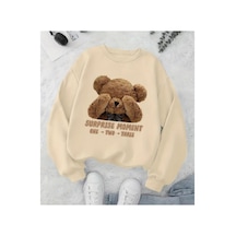 Herkesemoda Suprise Moment Baskı Desen Detaylı Bisiklet Yaka Sweatshirt Bej