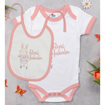 Bk Kids Beni Yakala Tasarımlı Pembe Bebek Body Zıbın Ve Mama Önlü Çok Renkli