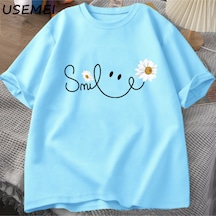 Flood Of Style Papatya Gülümseme Yüz T Shirt Yaz Çiçek Baskılı Tişört Kadın Erkek Pamuk Kısa Kollu Tshirt Bo Mavi