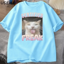 Flood Of Style Sertifikalı Freak Komik Kedi Meme T-shirt Adam Kısa Kollu Tişört Erkek Tshirt Erkek Giysileri Mavi