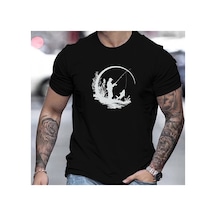 Caddemia Yaz  Moda Rahat Gevşek Balıkçı Desen Baskılı Spor Yuvarlak Boyun Kısa K Siyah 2XL