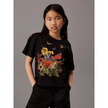 Uyguntarz Çocuk Çiçekler Baskılı Pamuklu Tshirt Siyah