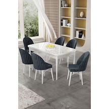 Canisa Gale Serisi 80x132 Açılabilir Lak Panel Beyaz Mermer Desen Mutfak Masa Takımı 6 Antrasit Sandalye Masa Beyaz Mermer Desen Sandalye Antrasit