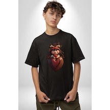 Çikolata Kız Kalbi Pamuklu Bisiklet Yaka Unisex Oversize Boyfriend Dijital Baskılı Siyah T-shirt Siyah