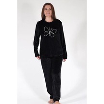 Kadın Büyük Beden Uzun Kol Kadife Siyah Pijama Takımı C3t0n6o006 001