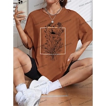 Flood Of Style Unisex Bay Kadın Çiçek Desenli Düşük Omuz Kısa Kollu Tişört Kod-1333 Kahverengi