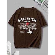 Flood Of Style Erkek Kahverengi Great Nature Baskılı Bisiklet Yaka Tişört