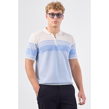 Dufy Mavi Çizgili Yatay Desen Erkek Triko - Slim Fit Mavi