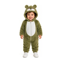 Tatlı Ayıcık Desenli Welsoft Peluş Kapüşonlu Fermuarlı Kışlık Unisex Bebek Tulumu Yeşil
